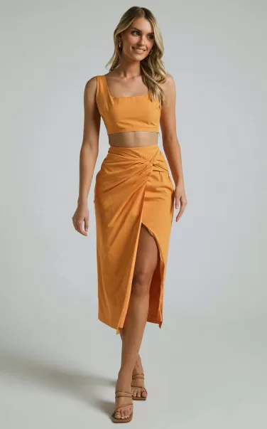 Women Gibson Two Piece Set - Linen Look Crop Top And Knot Front Midi Skirt Set In Orange Showpo Wedding Guest Two Piece Sets